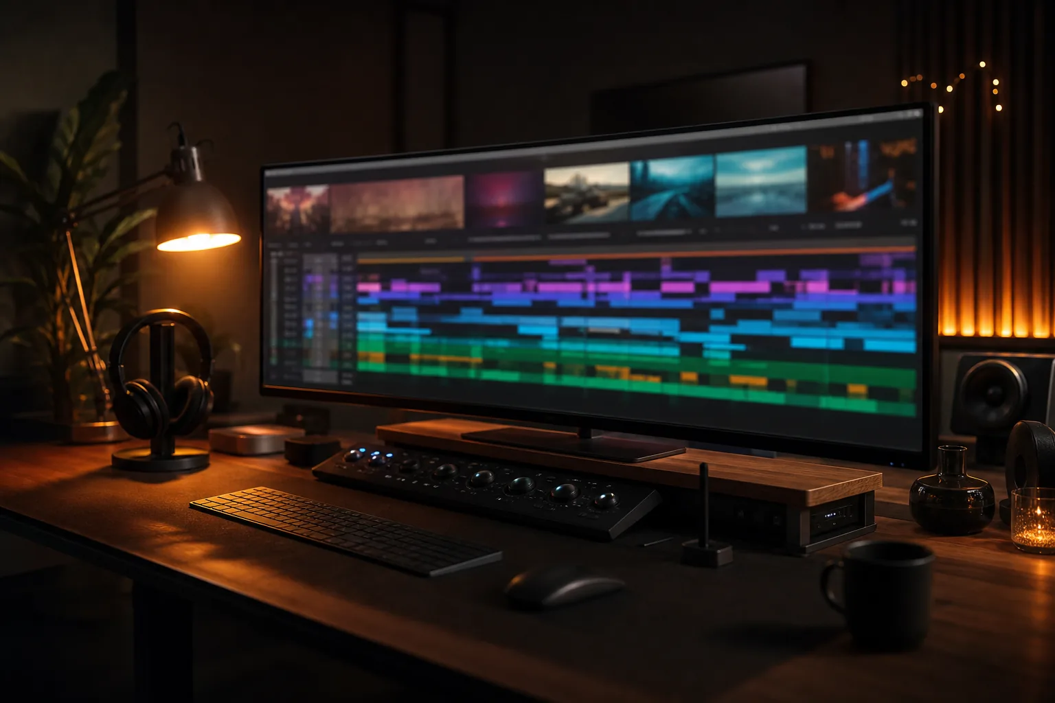 Editing timeline in an AI video editor with keyframes, audio waveforms, and a color grading panel